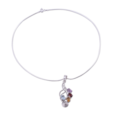 Multi gemstone pendant necklace, 'Graceful Petals' - Amethyst and Blue Topaz Pendant Necklace