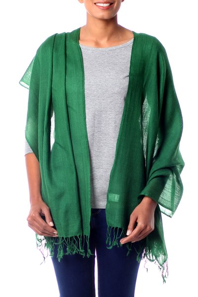 Wool shawl, 'Emerald Muse' - Woven Emerald Green Wool Shawl from India