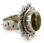 Smoky quartz flower ring, 'Dusky Sunflower' - Sterling Silver and Smoky Quartz Floral Cocktail Ring