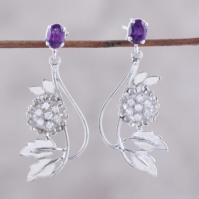 Amethyst flower earrings, 'Morning Blossom' - Amethyst and Cubic Zirconia Dangle Earrings