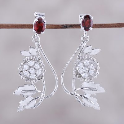 Garnet flower earrings, 'Morning Blossom' - Handcrafted Garnet and Silver Dangle Earrings