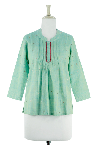 Handwoven Cotton Embroidered Blouse Top - Lemon Lime | NOVICA