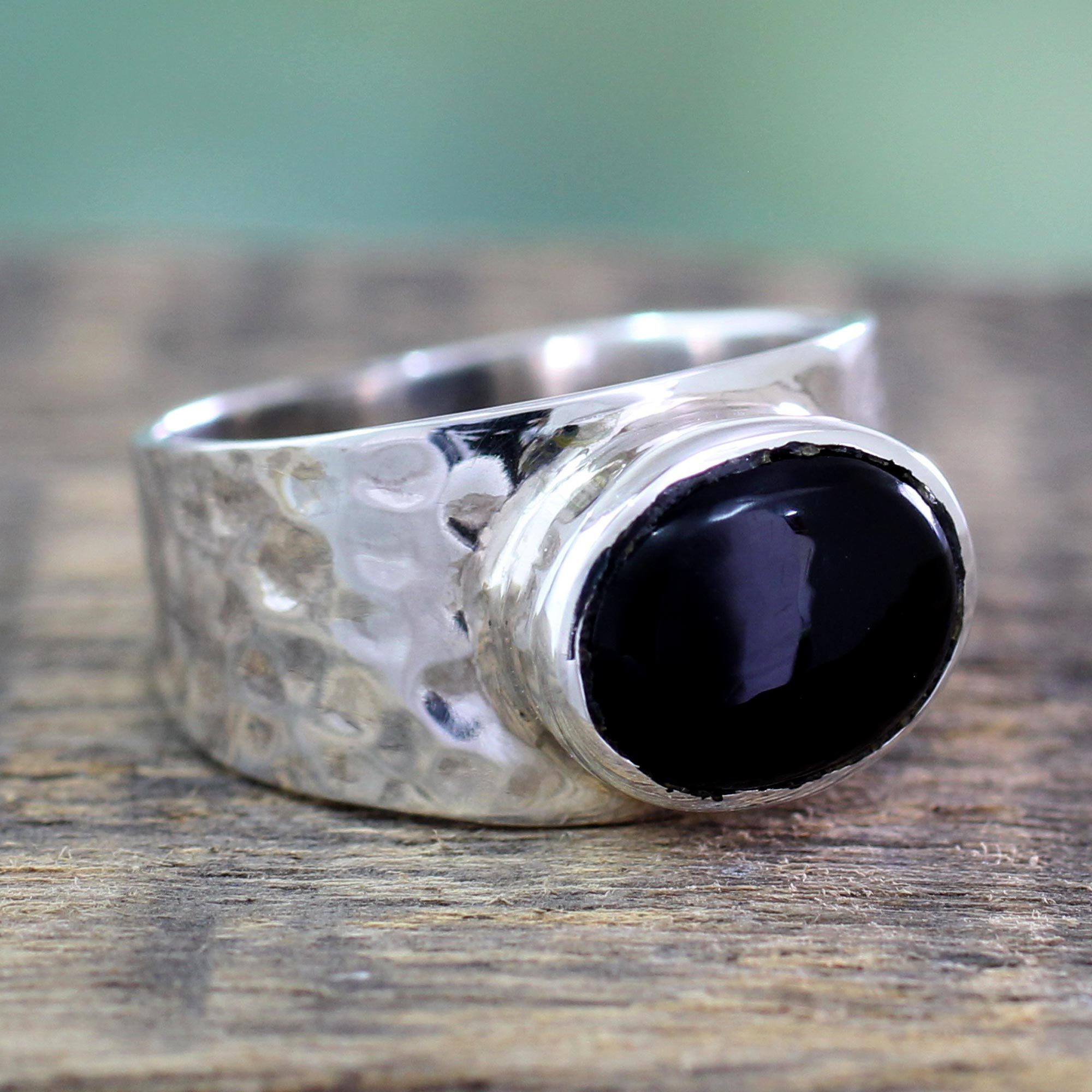 Sterling Silver Single Stone Onyx Ring from India Jewelry, 'Enchanted Splendor'