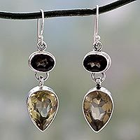 Smoky quartz and lemon quartz dangle earrings, 'Fortunes' - Hand Crafted Smoky Quartz Earrings Indian Jewelry