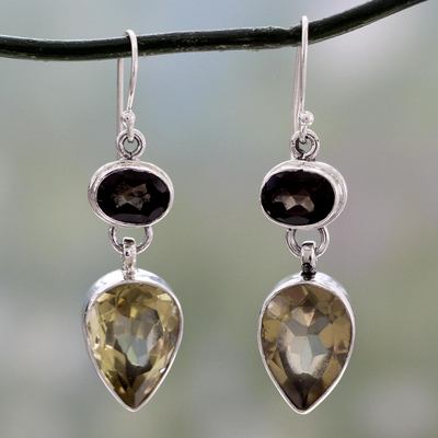 Smoky quartz and lemon quartz dangle earrings, 'Fortunes' - Hand Crafted Smoky Quartz Earrings Indian Jewelry