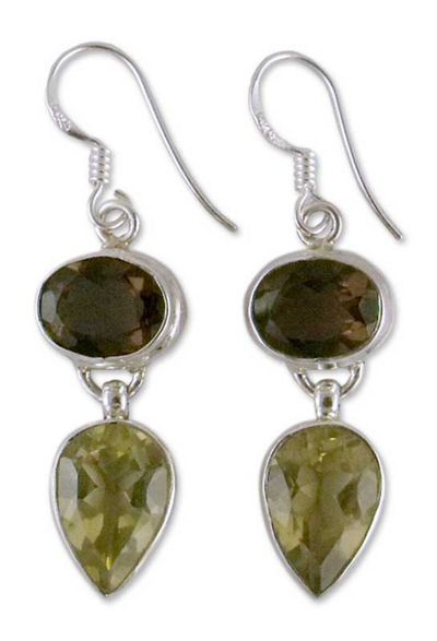 Smoky quartz and lemon quartz dangle earrings, 'Fortunes' - Hand Crafted Smoky Quartz Earrings Indian Jewelry