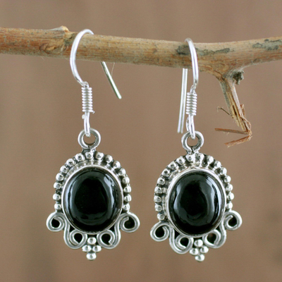 Onyx Dangle Earrings in Sterling Silver from India - Midnight Kiss | NOVICA