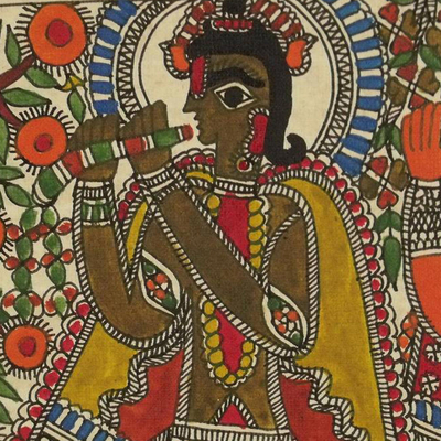 Madhubani-Gemälde „Krishna, der Kuhhirte“ - Indische Madhubani-Volkskunstmalerei