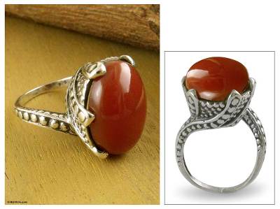 Onyx solitaire ring, 'Crimson Sunset' - Hand Made Sterling Silver Single Stone Onyx Ring