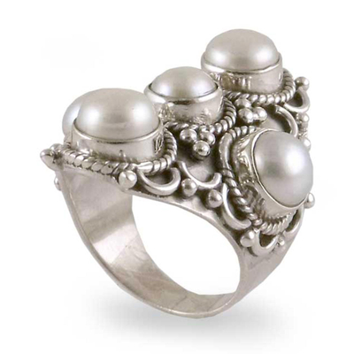 Cultured pearl cocktail ring, 'Iridescent Princess' - White Pearl and Sterling Silver Indian Style Ring 