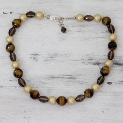 Pearl and tiger's eye strand necklace - Golden Extravaganza | NOVICA