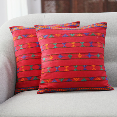 Cotton cushion covers, 'Desert Ruby' (pair) - Cotton Embroidered Cushion Covers (Pair)