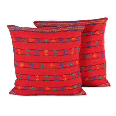 Cotton cushion covers, 'Desert Ruby' (pair) - Cotton Embroidered Cushion Covers (Pair)