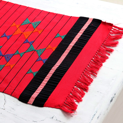 Cotton table runner, 'Festive Constellations' - Cotton Table Runner Red Handmade India