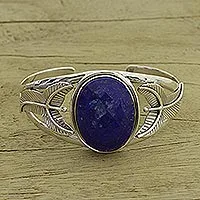 Lapis lazuli floral bracelet, 'Sea Blossom' - Handcrafted Sterling Silver Cuff Bracelet with Lapis Lazuli 