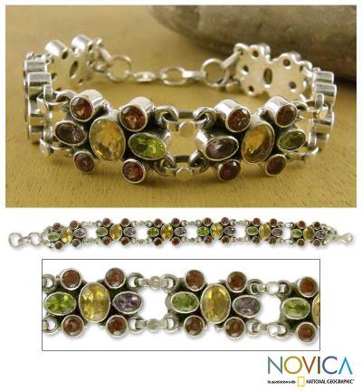 Amethyst and garnet wristband bracelet, 'Rainbow Sparkle' - Handcrafted Sterling Silver with Natural Gems Bracelet