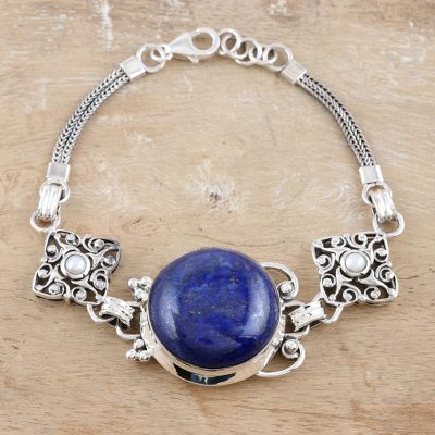 Lapis- und Perlenanhänger-Armband, 'India Sky - Armband aus Sterlingsilber und Lapislazuli