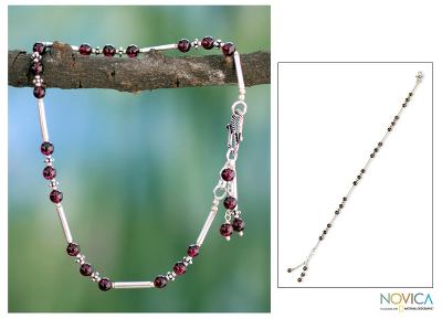 Garnet anklet, 'Coquette' - Handmade Sterling Silver Beaded Garnet Anklet
