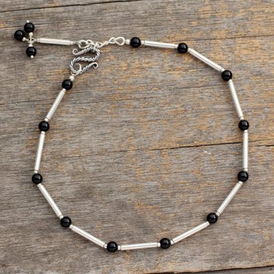 Onyx anklet, 'Legendary Muse' - Artisan Crafted Onyx Anklet with Sterling Silver from India