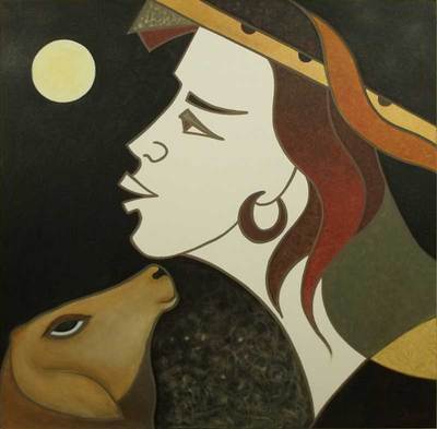 Meditación musical' (2010) - Pintura de tema espiritual de meditación musical de la India
