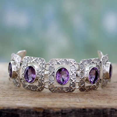 Amethyst link bracelet, 'Hypnotic Intuition' - Handcrafted Sterling Silver and Amethyst Bracelet