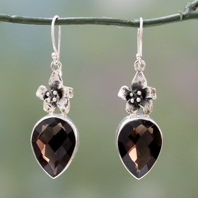 Smoky quartz flower earrings, 'Flower of the Universe' - Sterling Silver and Smokey Quartz Earrings Floral Jewelry