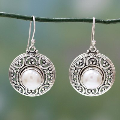Pearl dangle earrings, 'Peaceful' - Handmade Pearl and Silver Dangle Earrings