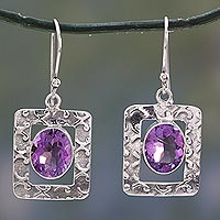 Amethyst dangle earrings, 'Hypnotic Intuition' - Amethyst Earrings from India Sterling Silver Jewellery