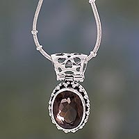 Smoky quartz pendant necklace, 'Elegant Mystique' - Smoky Quartz Medallion in Sterling Silver Necklace 