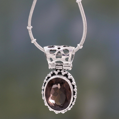 Smoky quartz pendant necklace, 'Elegant Mystique' - Smoky Quartz Medallion in Sterling Silver Necklace 