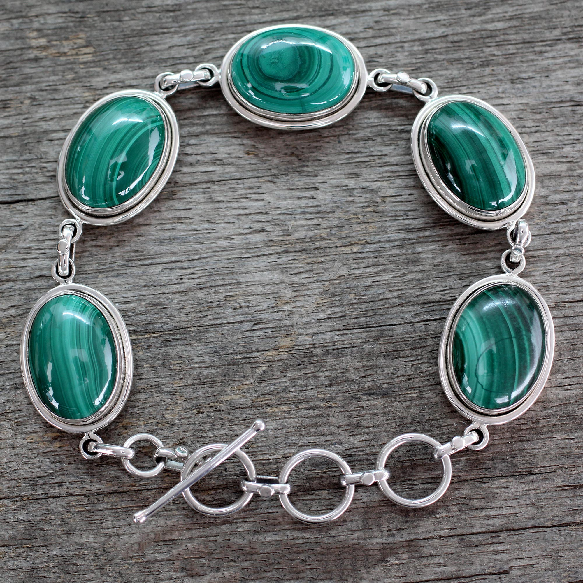 Handcrafted Jewelry Sterling Silver Malachite Bracelet, 'Bold Chic'