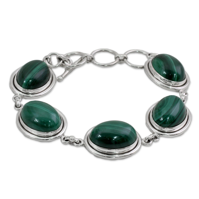 Malachite link bracelet, 'Bold Chic' - Handcrafted jewellery Sterling Silver Malachite Bracelet