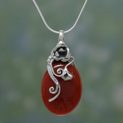 Carnelian pendant necklace, 'Zealous Rose' - Carnelian and Silver Pendant Necklace