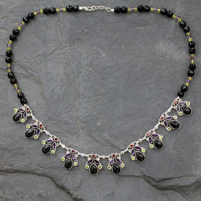 Onyx and amethyst waterfall necklace, 'Abundance' - Onyx and Multigem Sterling Silver Waterfall Necklace