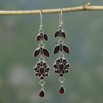 Garnet flower earrings, 'Red Rose' - Handcrafted Floral Sterling Silver and Garnet Earrings