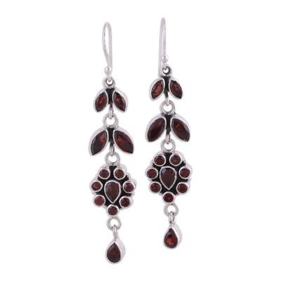 Garnet flower earrings, 'Red Rose' - Handcrafted Floral Sterling Silver and Garnet Earrings