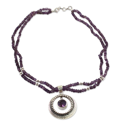 Halskette mit Amethyst-Anhänger - Indischer Schmuck, Sterlingsilber-Perlen-Amethyst-Halskette