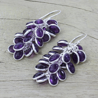 Amethyst cluster earrings, 'Grapes of Love' - Sterling Silver and Amethyst Earrings Indian Jewelry