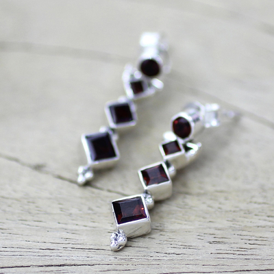 Garnet dangle earrings, 'Ravishing Red' - Hand Made Jewelry Sterling Silver and Garnet Earrings