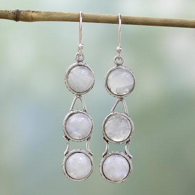 Moonstone dangle earrings, 'Icy Dew' - Moonstone Earrings from India Sterling Silver Jewelry