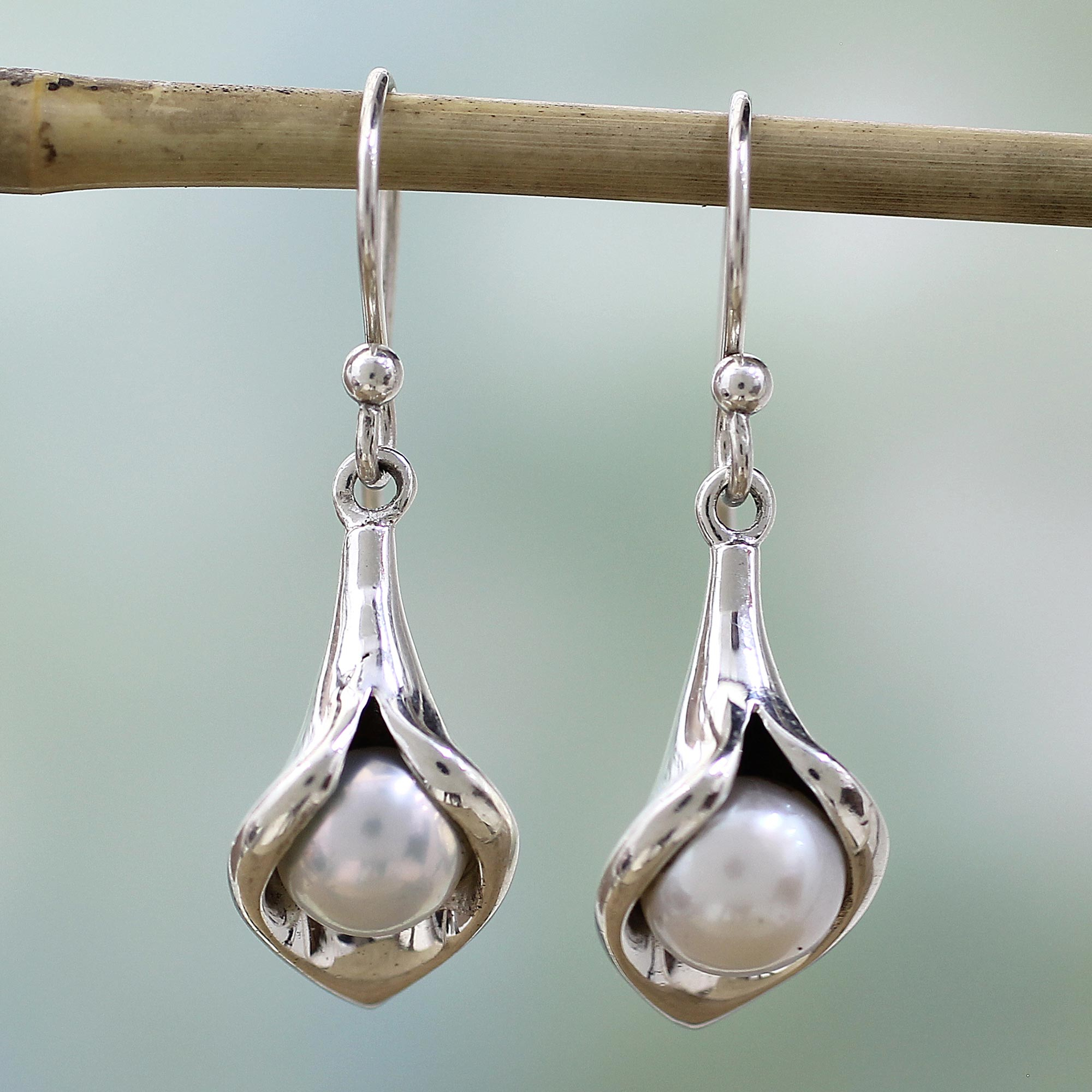 Sterling Silver Pearl Earrings Jewellery from India, 'Calla Lily'