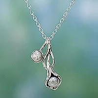 Pearl flower necklace, 'Calla Lily' - Sterling Silver Pearl Necklace from India Bridal Jewellery