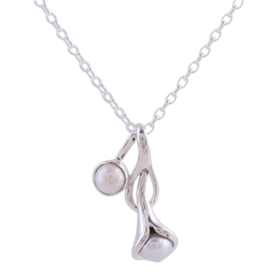 Pearl flower necklace, 'Calla Lily' - Sterling Silver Pearl Necklace from India Bridal Jewelry