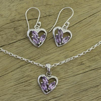 Amethyst jewelry set, 'Heart Sparkles' - Amethyst jewellery set