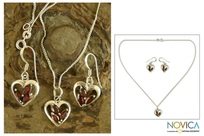 Garnet jewelry set, 'Heart Sparkles' - Hand Made Sterling Silver and Garnet Heart Jewelry Set