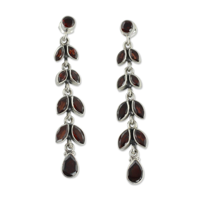 Garnet floral earrings, 'Crimson Leaves' - Fair Trade Jewelry Garnet Earrings India