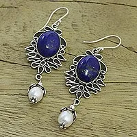 Pearl and lapis lazuli dangle earrings, 'Ethereal' - Lapis Lazuli and Pearl Earrings in Sterling Silver 