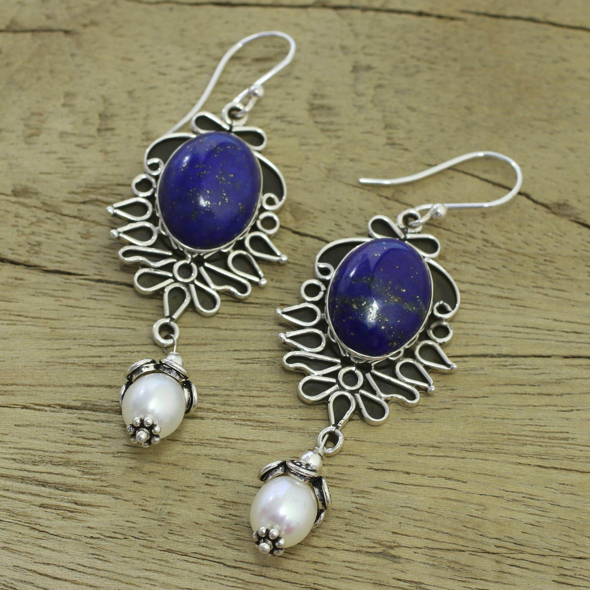 Lapis Lazuli and Pearl Earrings in Sterling Silver - Ethereal | NOVICA