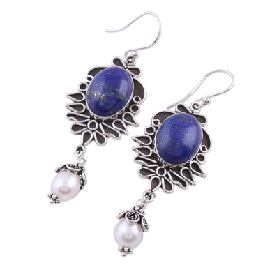 Pearl and lapis lazuli dangle earrings, 'Ethereal' - Lapis Lazuli and Pearl Earrings in Sterling Silver 
