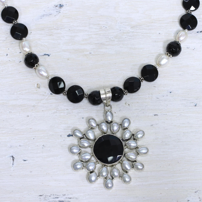 Pearl and onyx flower necklace, 'Facets' - Artisan Crafted Sterling Silver Pearl and Onyx Necklace